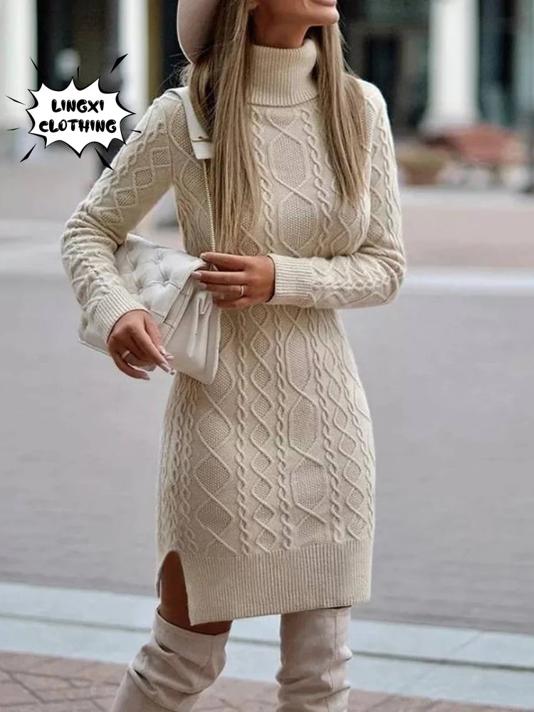Autumn and Winter Womens Knitted Wrap Hip Skirt High Neck Warm and Thickened Elegant Knitted Sweater Long Sleeve Dress 240808