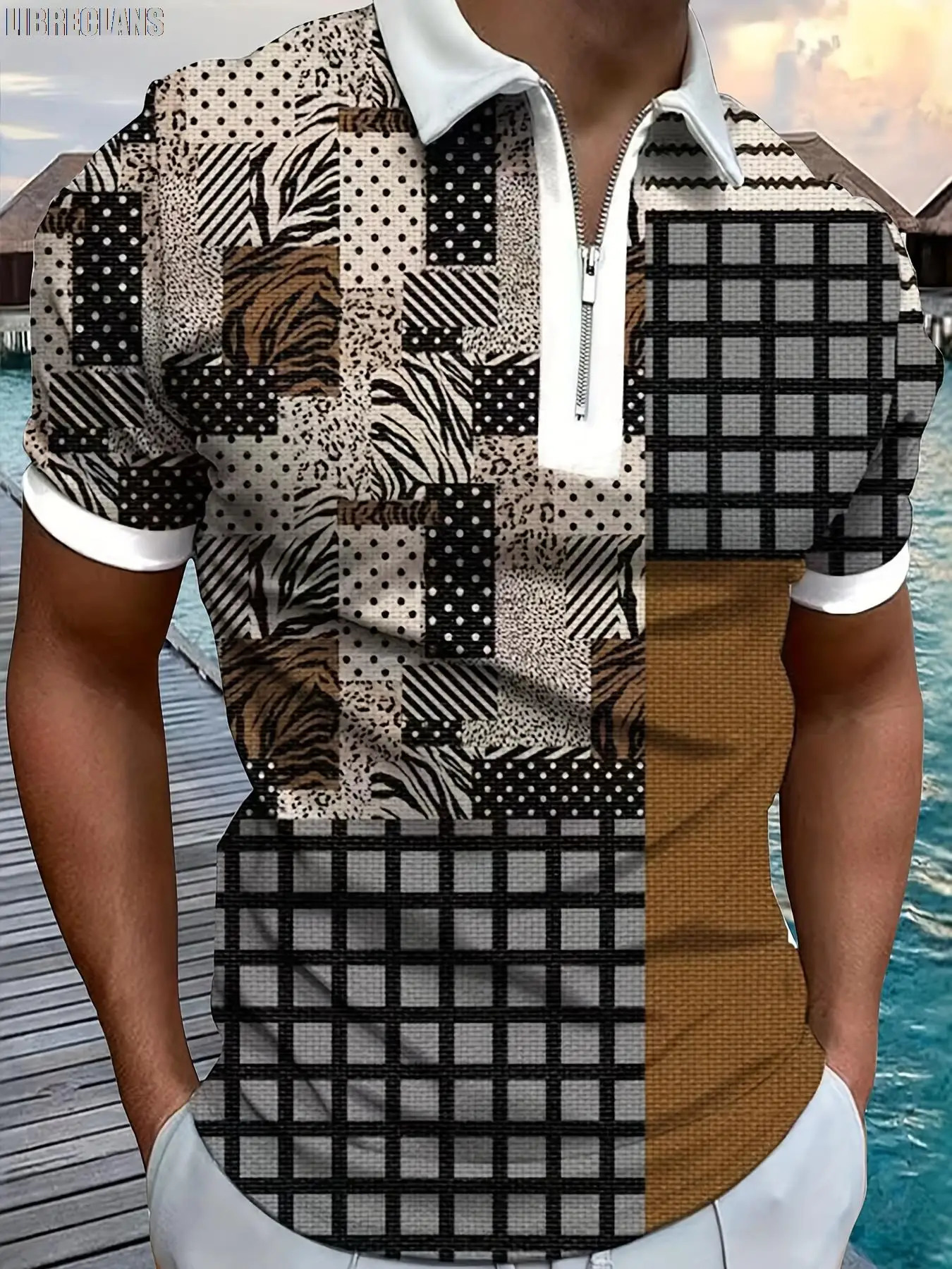 Retro patch work plain weave 3D printed mens zipper polo shirt fashionable mens short sleeved top summer street clothing240807