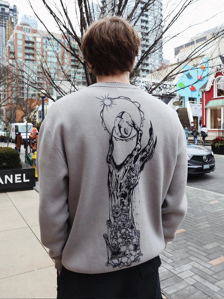 Streetwear punk gothique en tricoté pour hommes et femmes chuters de hip hop harajuku y2k pull grison vintage saut à saut 240808
