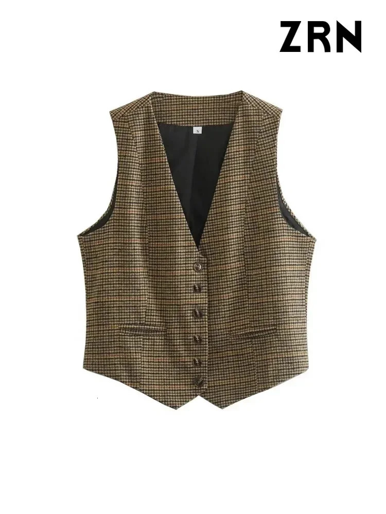 ZRN-Womens Front Button Houndstooth Waistcoat V Neck Sleeveless Vest Female Outerwear Chic Tops Fashion 240808
