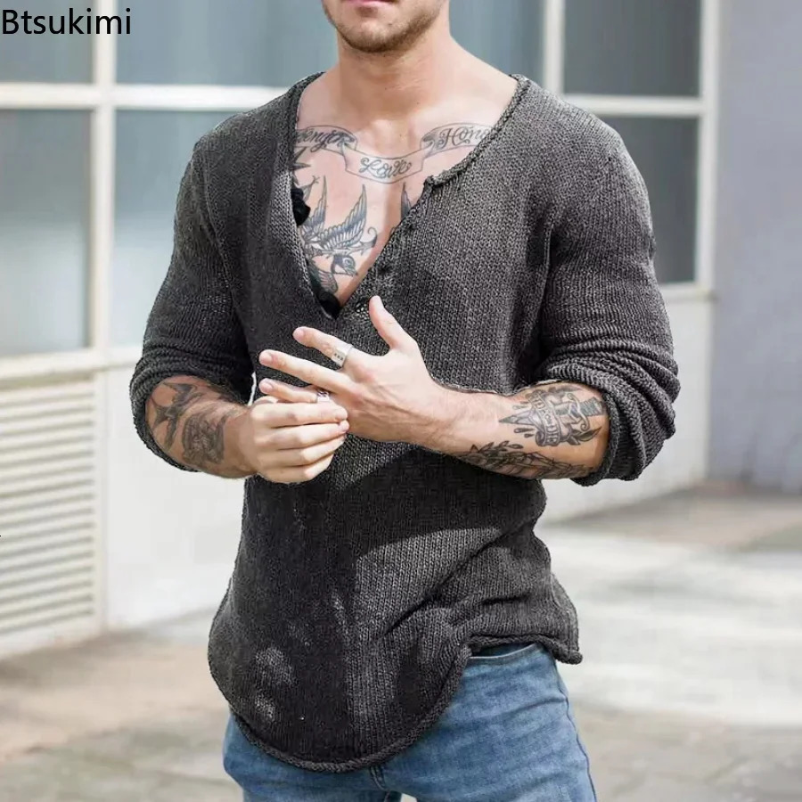Printemps et automne pour hommes décontractés Vneck Pull Solide Solide Tricote en tricot en tricot en tricot 2024 HARAJUKU LONG LONGES PARACHUTE