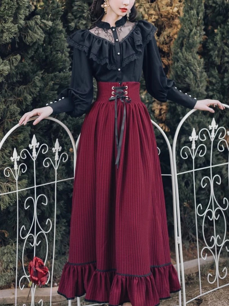 Vintage Gothic Two Piece Robe Sets Femmes Black à volants en dentelle noire Lace-Up MIDI JURT COURT RETRO CONSUDANTS COSTS Y2K 240808