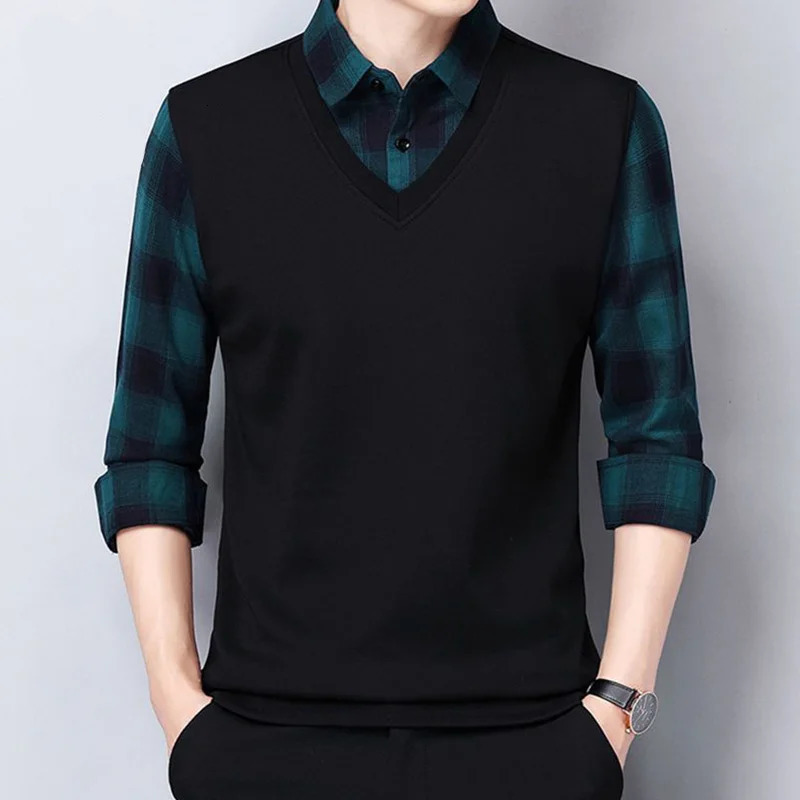 Fashionable mens social business plain polo shirt British style spring and autumn item lapel long sleeved mens loose casual top240807