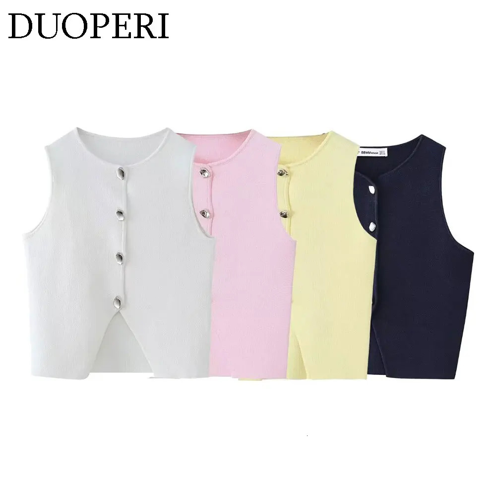 DUOPERI Women Fashion Solid Knitted Vest Tank O-Neck Sleeveless Female Chic Lady Casual Tops Sweater Waistcoat 240808