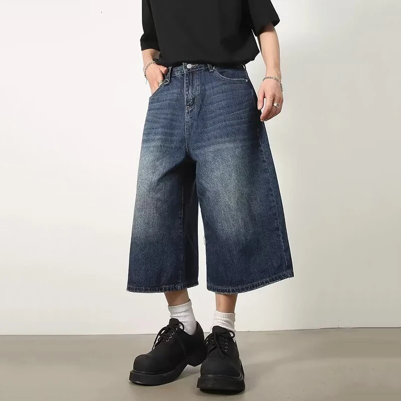 Vintage Y2k bagged denim shorts and mens wide leg pants fashionable high waist wash knee length jeans oversized 240807