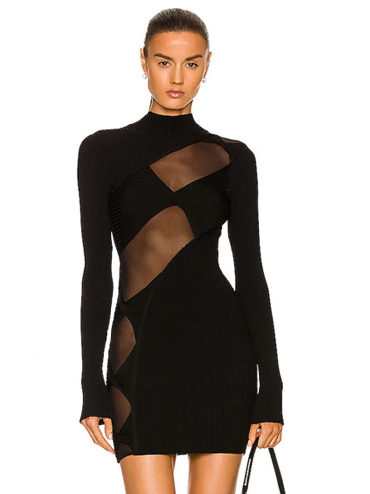 Arrivée Femmes Summer Sexy Troupleveck Long Manue Mesh noir Mini Bodycon Bandage Robe Elegant Evening Club Party Robe 240808