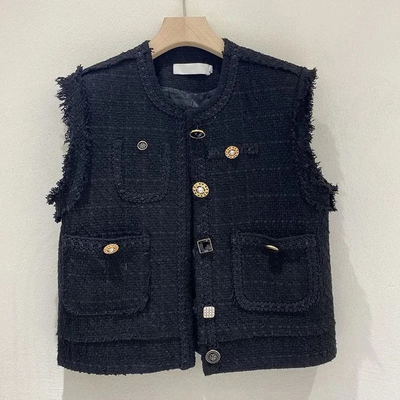 Autumn Fashion Temperament Versatile Short Style Fragrant Wool Vest Jacket Women Black Waistcoat 240808