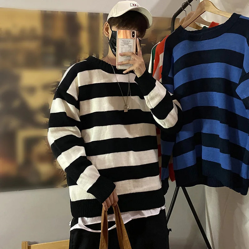 Stripe Knitted Sweater Men Autumn Winter Baggy Long Sleeves Tops Fashion All-Match Trend Streetwear Ins Vintage Y2K Male Clothes 240808