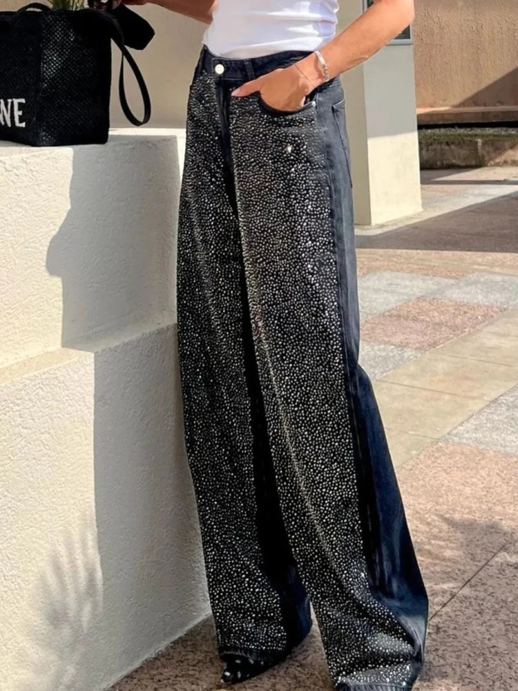 Fashion Y2K Patchwork Sparkle Sequin Long Pants For Women Winter Autumn Wide Leg Denim Pant Female High Street Party Black Jeans 240808