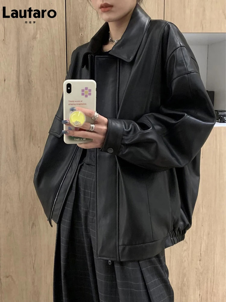 Lautaro Spring Autumn Cool Retro Casual Oversized Black Waterproof Soft Artificial Leather Jacket Womens Zipper Elastic Waist 240807