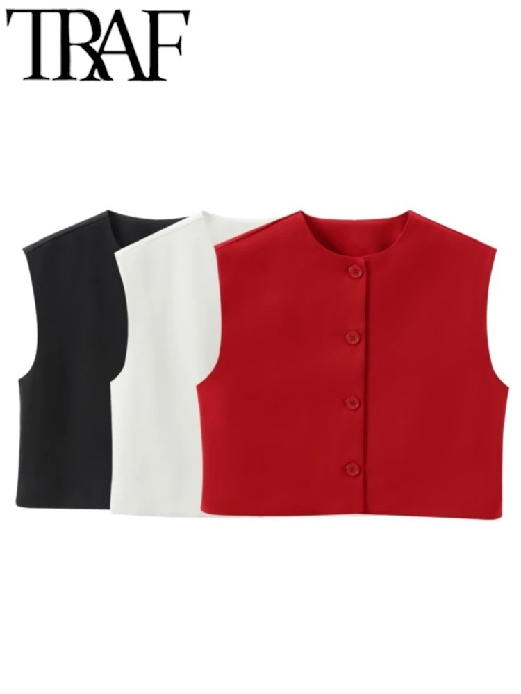 TRAF Black White Women Vest Summer O Neck Single Breasted Vent Sides Sleeveless Female Crop Top Waistcoat Y2K Tanks 240808