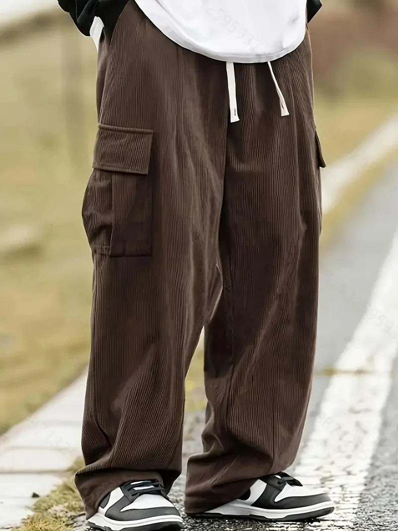 Mens High Street printemps automne couleur solide brossé la jambe droite pantalon de cargaison décontractée pantalon de piste de coton décontract