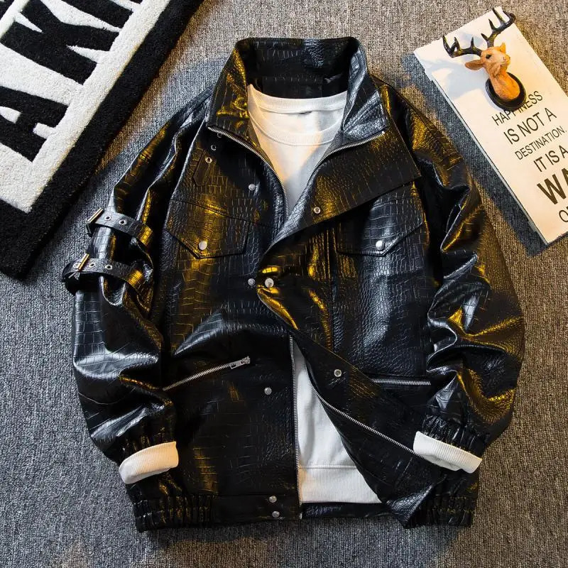Mens heavy-duty industrial pattern leather jacket mens coat Spring and Autumn street motorcycle high-end feel handsome leather jacket240808