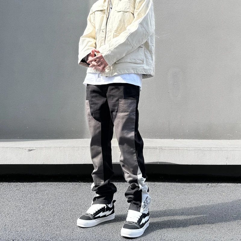 Broderie de mode américaine pantalon colorblock gris noir jean jeans décontracté streetwear y2k pour hommes pantalon de journalisation en jean em