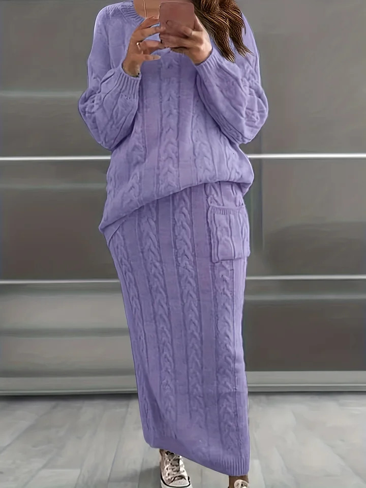 Solid knit twopiece casual long sleeved sweater and tight fitting womens clothing 240808