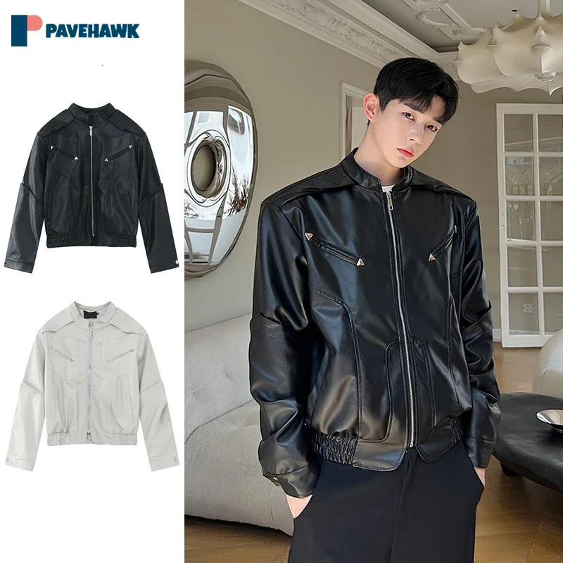 PU leather motorcycle jacket mens High Street Korean retro short race jacket mens hip-hop black jacket autumn Harajuku jacket240808