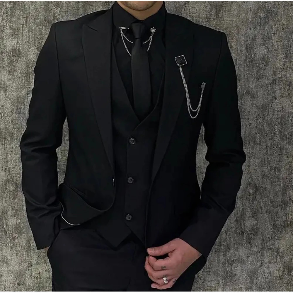 Collier pour hommes noirs 1 bouton de veste formelle ensemble de haute qualité personnalisée 3 pièces pour la danse de mariage 240809