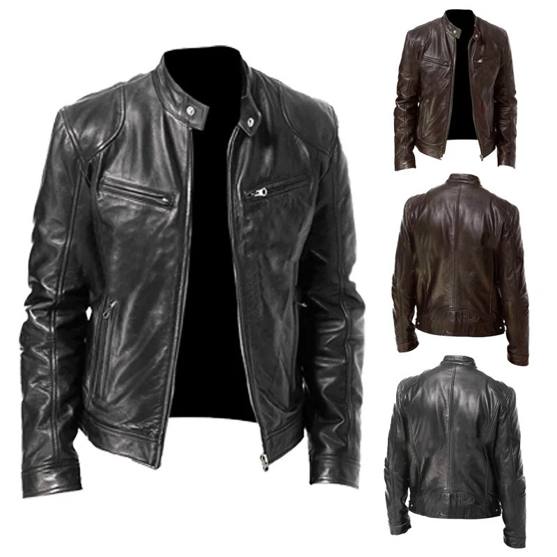 Mens motorcycle slim fit stand up collar jacket PU autumn zipper windproof leather mens clothing 240808