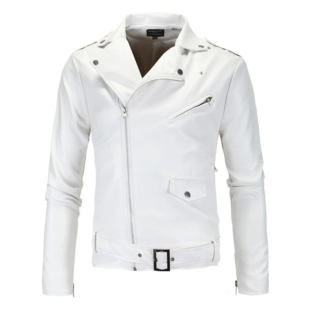 Mens leather jacket white and black casual collar ultra-thin fit diagonal zipper motorcycle PU leather jacket for mens clothing240808