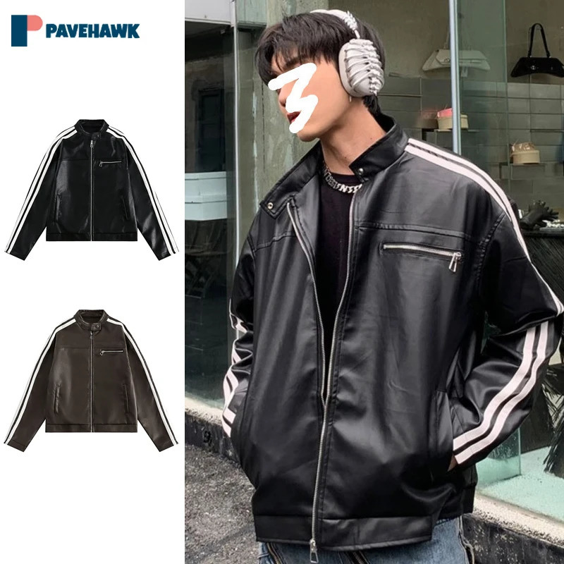 High street PU leather zipper jacket mens short hip-hop striped pilot jacket Harajuku retro motorcycle jacket autumn couple240808