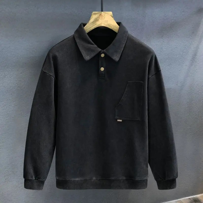 Spring and summer fashion lapel long sleeved floral mens clothing Korean loose hoodie solid color simple top 240808