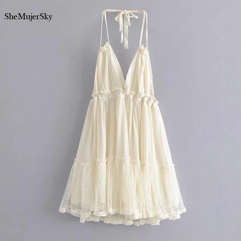 Shemujersky Sexy Backless Lace Splicced Robe Halter Sumter V-Cold Mini robes femme Robe Elegant Evening 240809