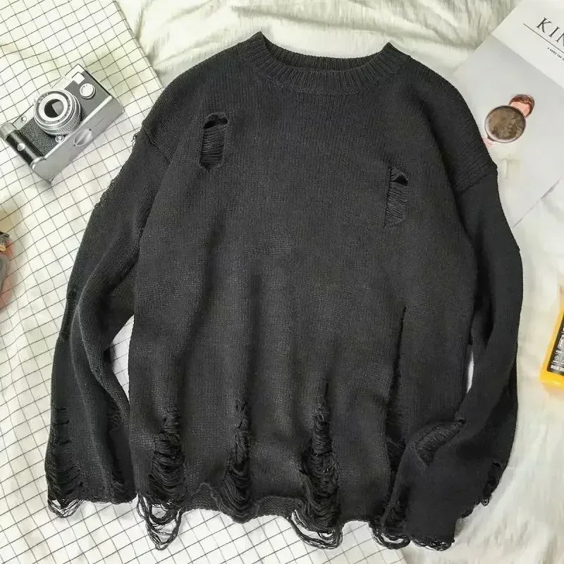 Mens knitted sweater flat neck mens shirt solid color mens shirt torn perforated black suitable for knitting old240808