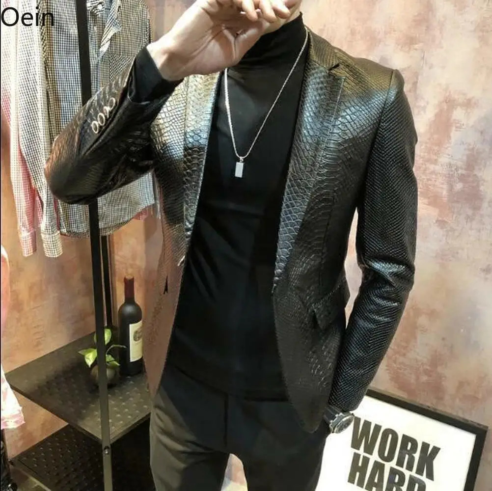 Mens formal leather jacket set jacket casual jacket pattern slim fit jacket plus size black 240808