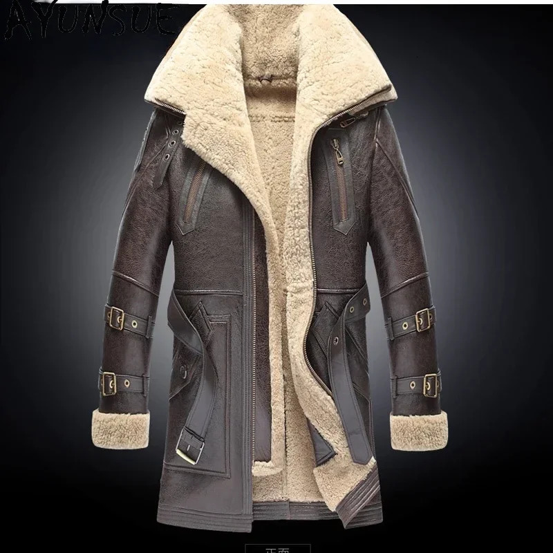 AYUNSUE Chic Winter Mens Natural Fur Jackets Double-layer Mid-length Sheepskin Genuine Leather Jacket Men Clothes Thickened Belt 240809