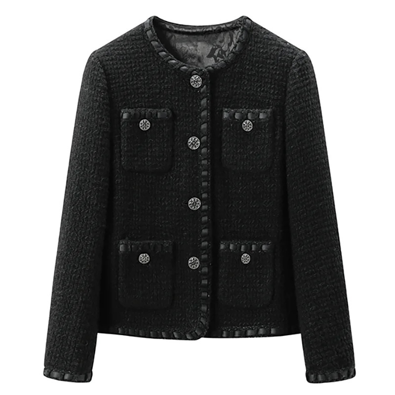 Su Li Autumn and Winter Black Round Neck Tweed Long Sleeve Single Breasted Ladies Elegant Casual Fashion Lady Jacket 240809