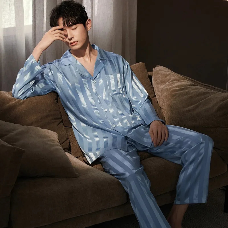 Hommes silky satin rayé pyjamas haut à manches longues avec pantalon long pantalon pyjama set de la soie de glace cardigan de grande taille de la