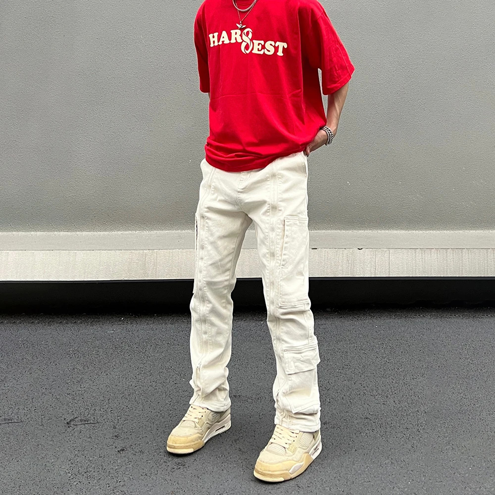 Jeans de cargaison blanc beige hommes y2k automne streetwear zip pantalon multi-poches décontracté pantalon de denim d'adaptation hivernal de la