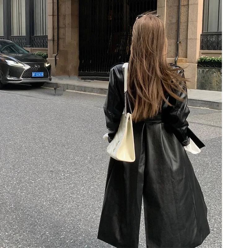 Retro Long Over Knee length leather jacket for womens autumn haute coat Temperament Windbreaker High-Quality Belt Windbreaker 240809