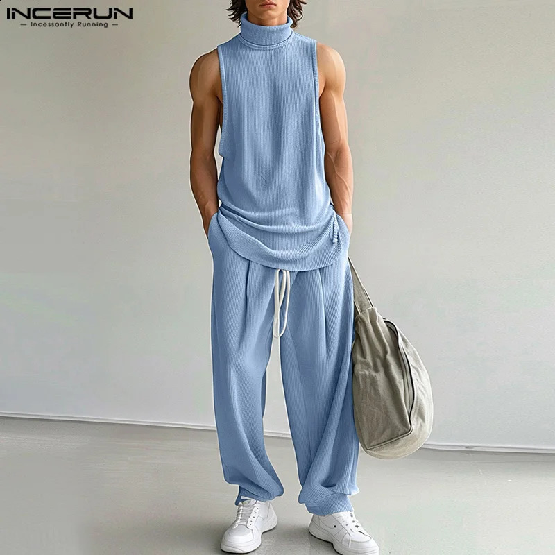 INCERUN 2024 American style set mens casual pit striped high neck vest pants fashion streetwear solid twopiece S5XL 240809