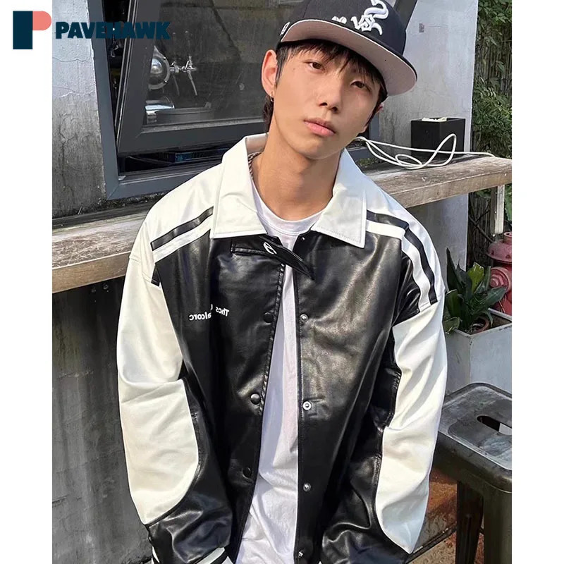 Retro patch work leather motorcycle jacket mens American hip-hop PU racing baseball jacket unisex spring loose casual jacket240808