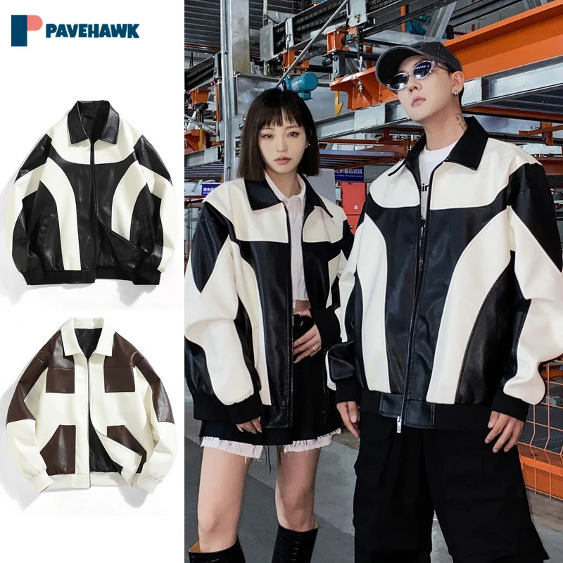 Mens leather motorcycle jacket spring and autumn hip-hop casual splicing racing jacket womens retro PU zipper windproof jacket unisex version240808