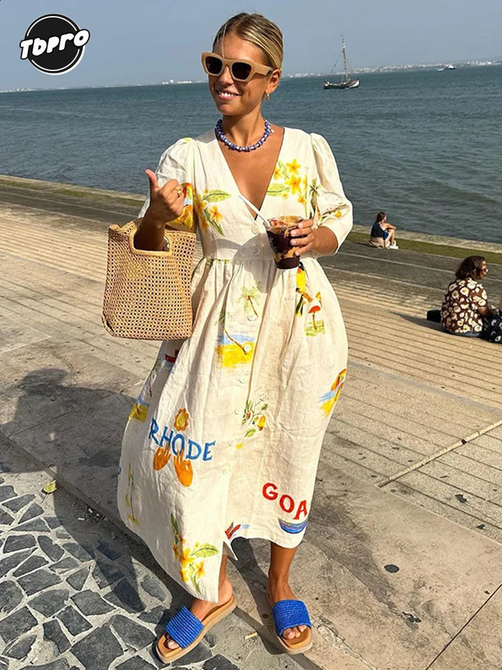 Robe longue imprimée à manches bouffantes pour femmes, tenue décontractée, ample, col en V, simple boutonnage, Robes de rue, mode d'été, 240807
