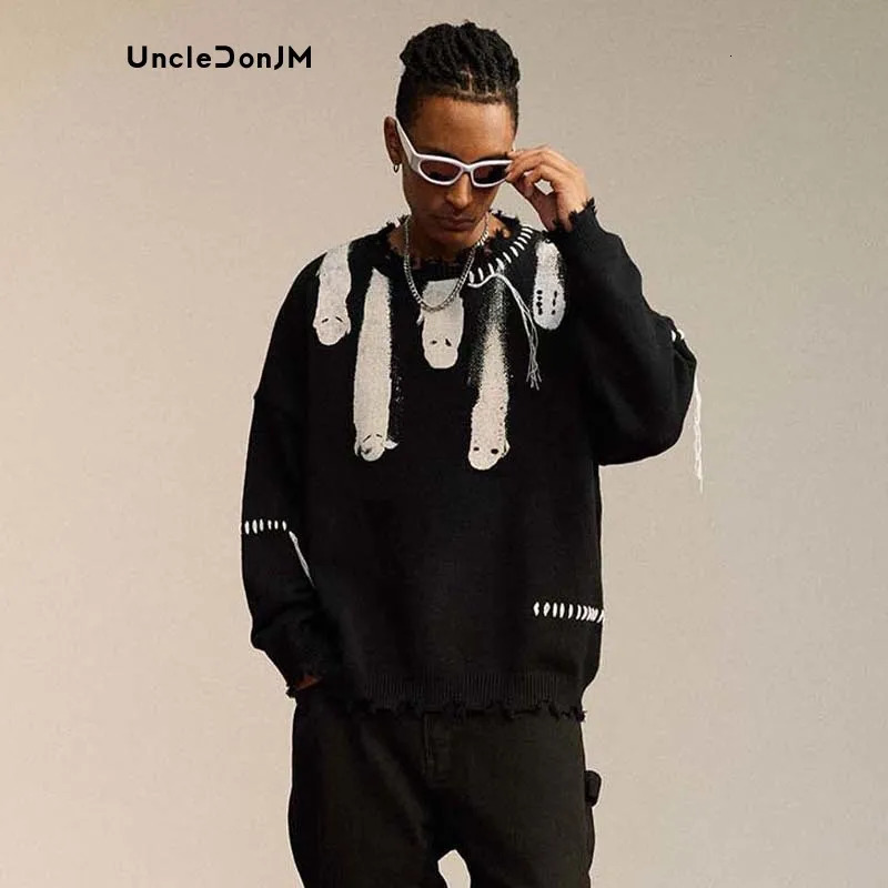 Fashionable mens torn knit sweater retro street sweater Harajuku Y2K clothing240808