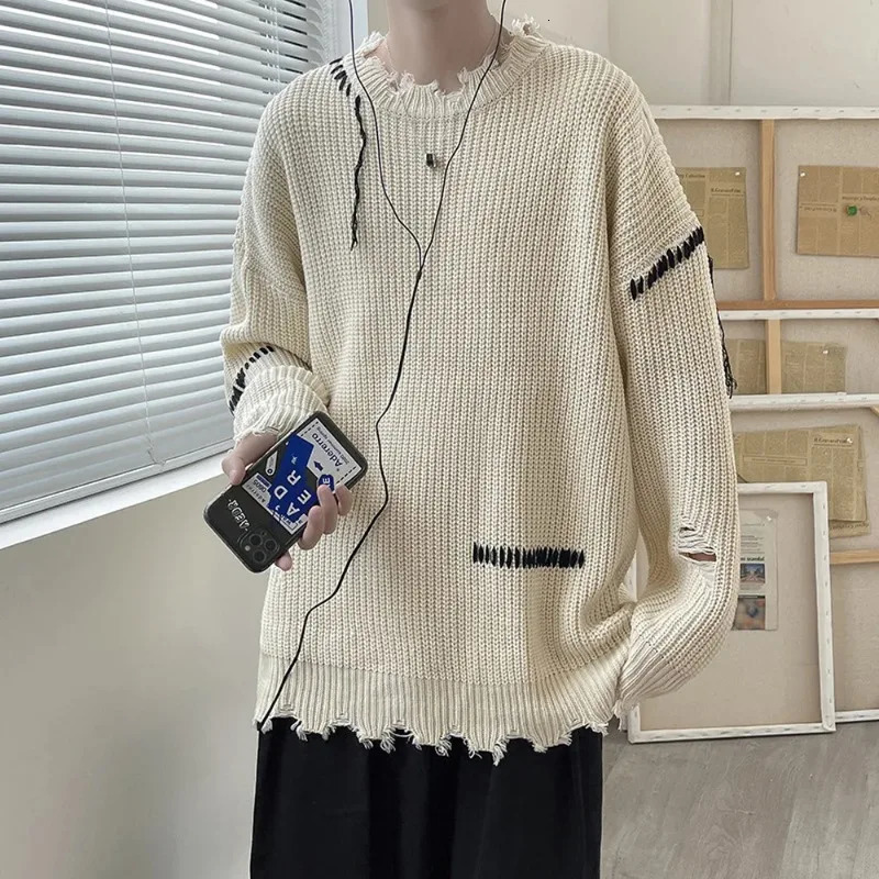 Spring and Autumn Ins High Street Ripped Sweater Mens Loose Hole Lazy Knitted Pullover Harajuku240808
