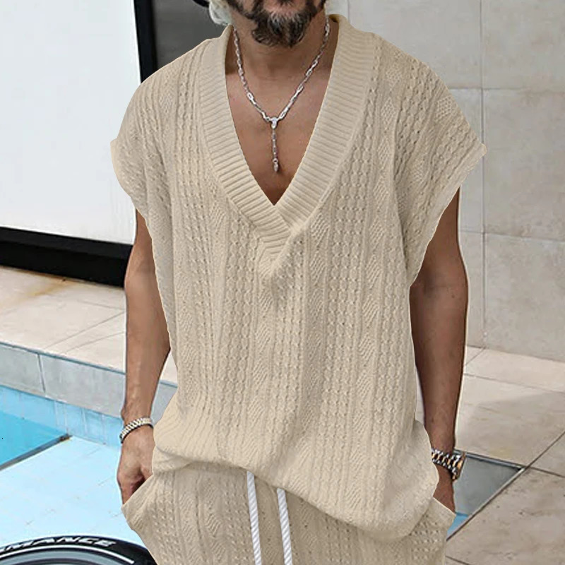 2024 European and American Mens Casual V-neck Versatile Jacquard Knitted Tank Top240808