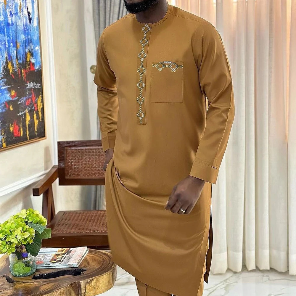 Dashik Elegant Mens Long Sleeve Embroidered Top Solid Color Pants 2piece Set Kaftan African Wedding Festival 240809