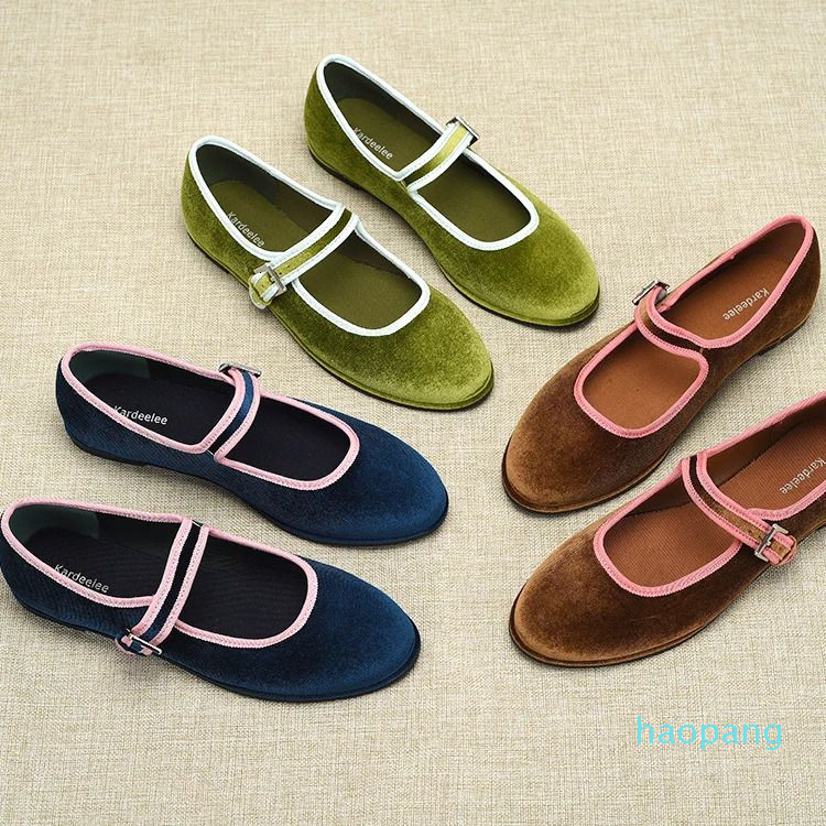 Spanish style Flats Round Toe Womens Shoes Velvet Flats Fashion Mary Jane Shoes Women Shoes Green Blue Brown