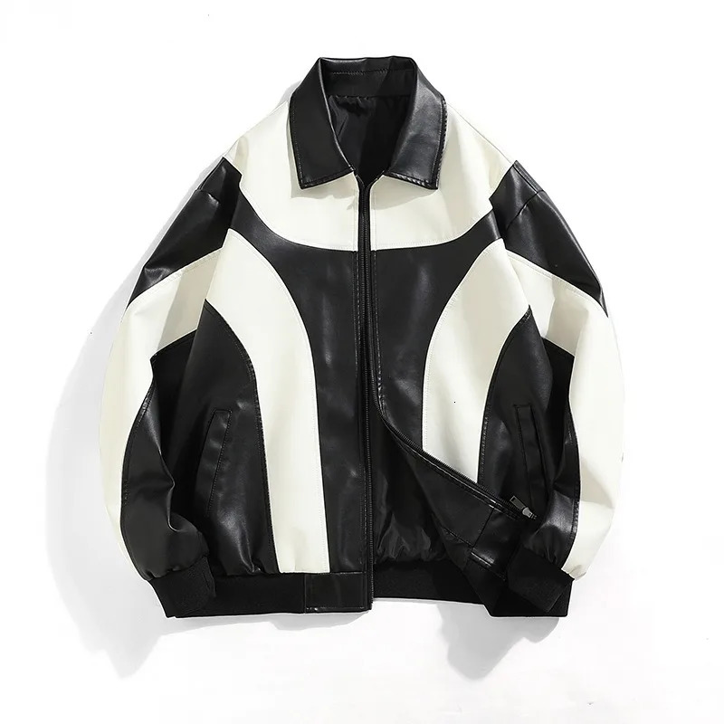 Spring Splicing Contrast Color Mens Casual PU Leather Jacket Loose Collar Couples Jacket Retro Motorcycle240808