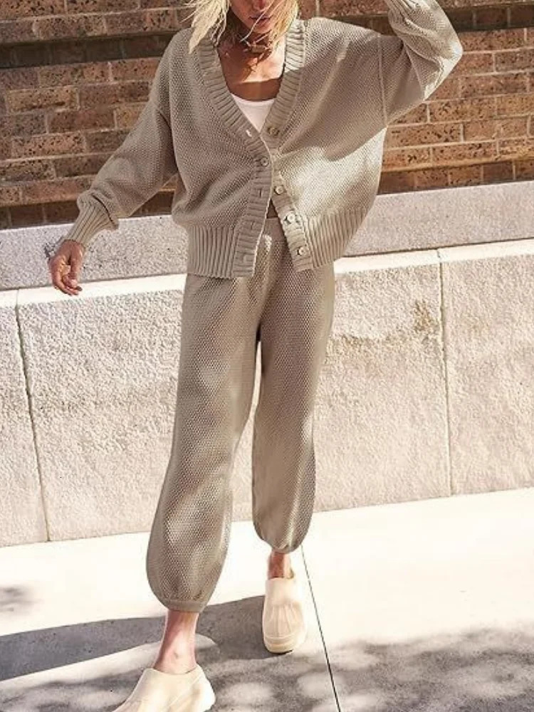 Womens twopiece long sleeved knitted sweater cardigan wool pencil pants button matching set 240808