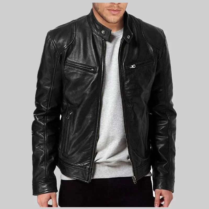 2024 Spring Mens Fashion Leather Jacket Ultra Thin Fit Bracket Collar PU Jacket Mens Windproof Motorcycle Collar Diagonal Zipper Jacket240808