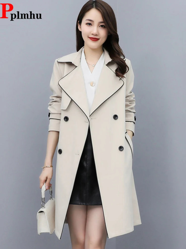 Elegant Womens Trench Coats Slim Office Mid-length Overcoat Classic Double Breasted Gabardina Oversized 4xl Korean Windbreaker 240809