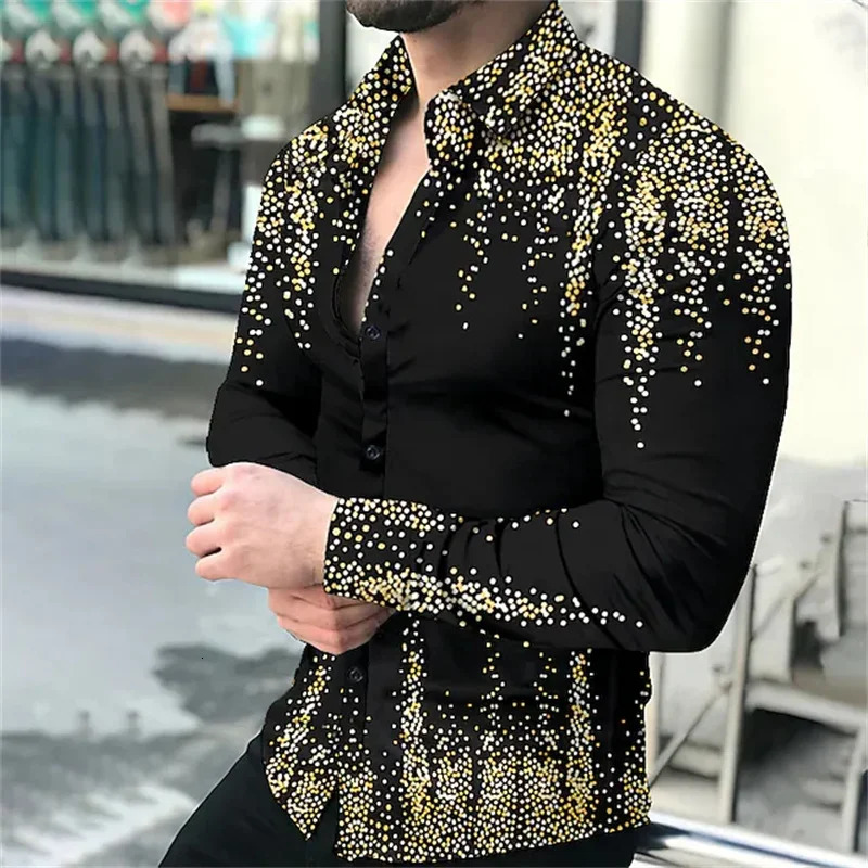 Fashion mens shirt Gold Dots 3D printed single breasted shirt casual party ball shirt long sleeved top mens shirt top240808