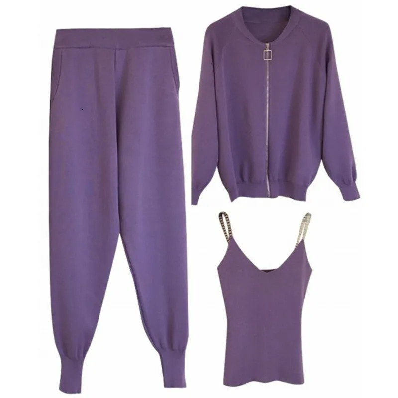3 pièces pour femmes en tricot à fermeture éclair cardigan jeste jescypracs pantamisole correspondant à pantalon de kaki noir violet 240808