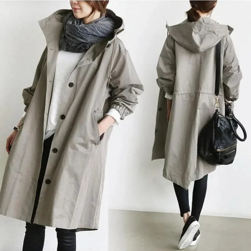 Trench-coat d'automne Femmes Couleur solide Cardigan lâche grand manteau femme à manches longues poche simple poitrine