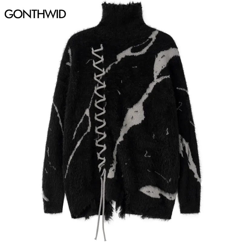 Mens Turtleneck Sweetear Distressed Knitted Sweater Ripped Hold Hip Hop Retro Pullover Harajuku Sweater Soft Black240808